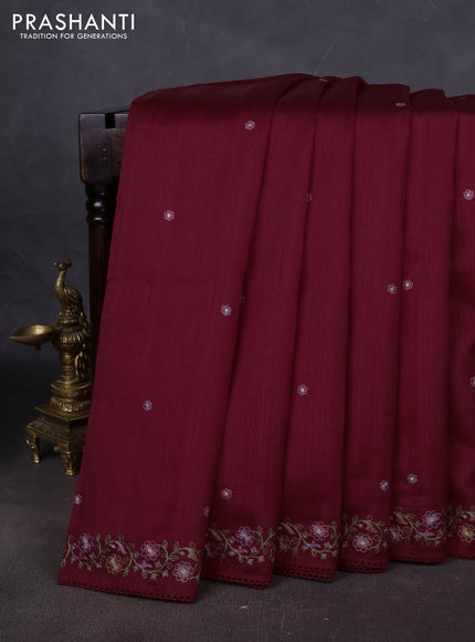 Art tussar saree maroon with embroidery work and floral embroidery border