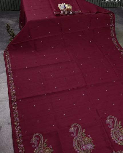 Art tussar saree maroon with embroidery work and floral embroidery border
