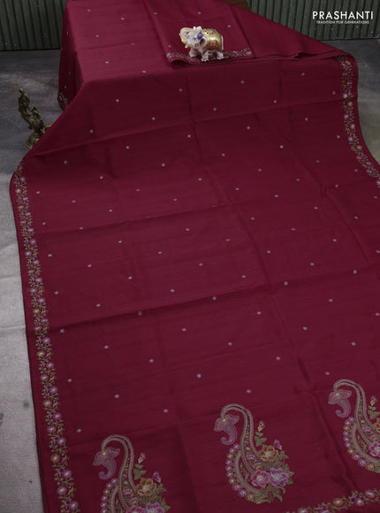 Art tussar saree maroon with embroidery work and floral embroidery border