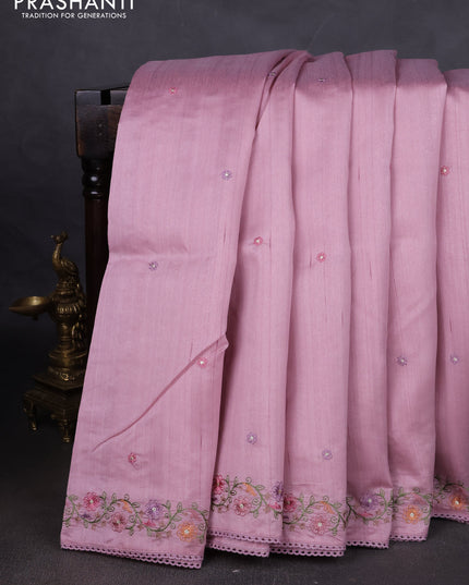 Art tussar saree pastel pink with embroidery work and floral embroidery border