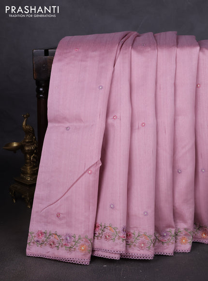 Art tussar saree pastel pink with embroidery work and floral embroidery border