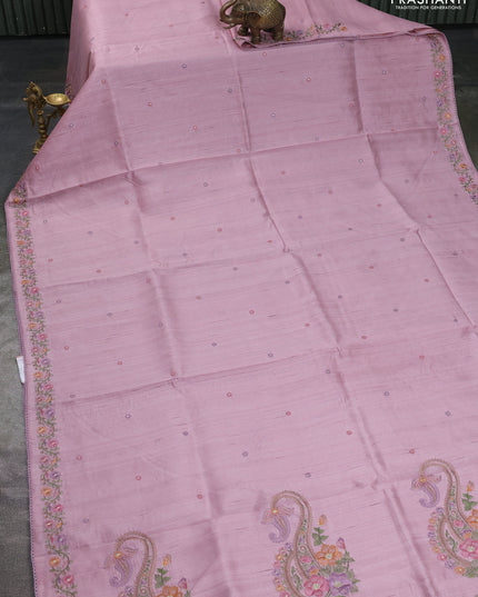 Art tussar saree pastel pink with embroidery work and floral embroidery border
