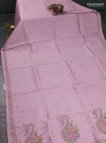 Art tussar saree pastel pink with embroidery work and floral embroidery border