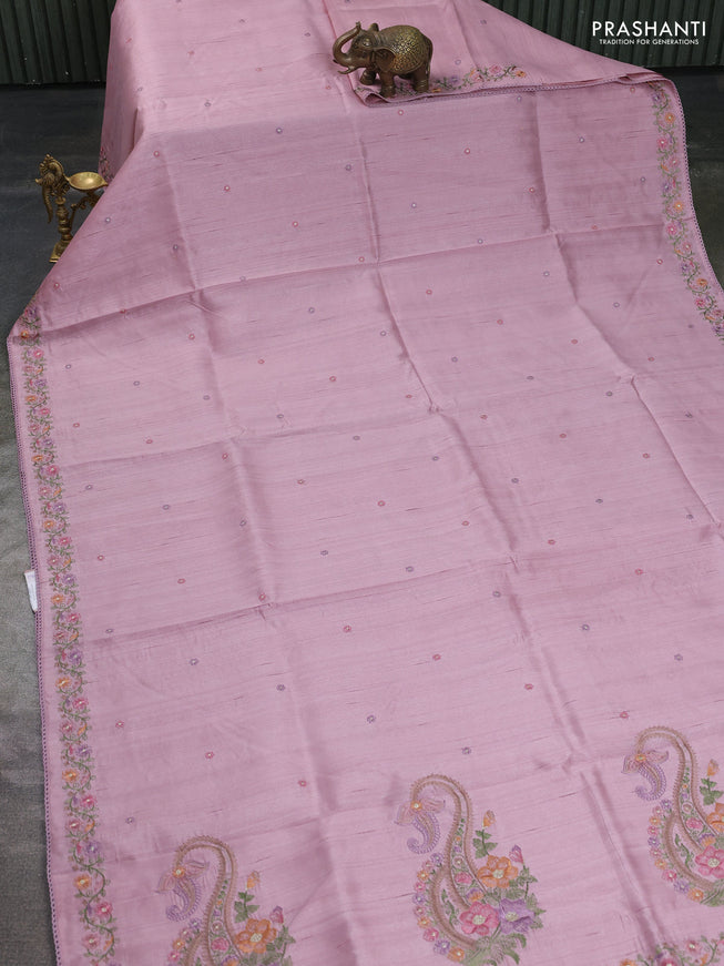 Art tussar saree pastel pink with embroidery work and floral embroidery border