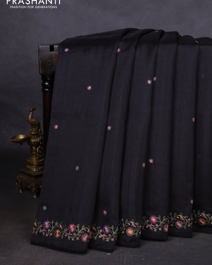 Art tussar saree black with embroidery work and floral embroidery border