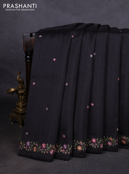 Art tussar saree black with embroidery work and floral embroidery border