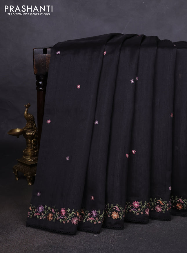 Art tussar saree black with embroidery work and floral embroidery border