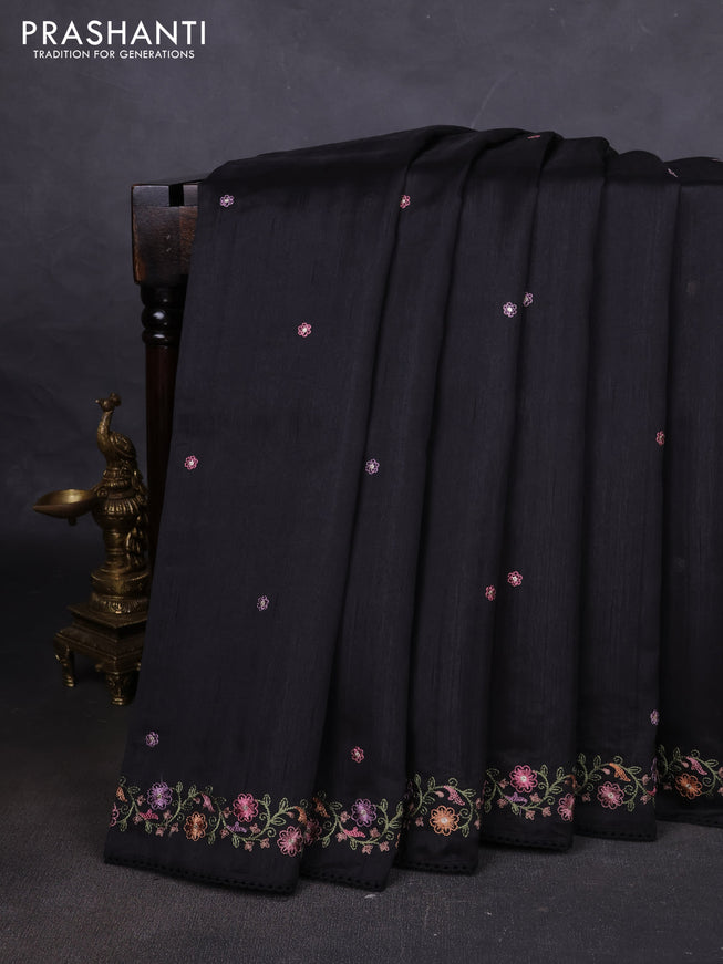 Art tussar saree black with embroidery work and floral embroidery border