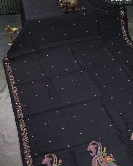 Art tussar saree black with embroidery work and floral embroidery border