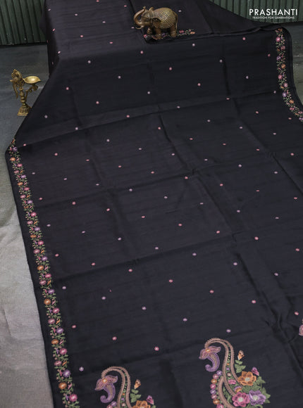 Art tussar saree black with embroidery work and floral embroidery border