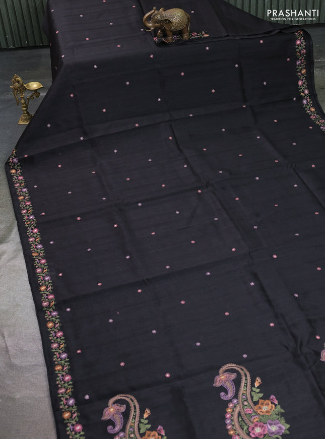 Art tussar saree black with embroidery work and floral embroidery border