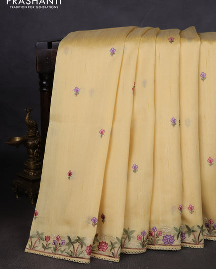 Art tussar saree pale yellow with embroidery work and floral embroidery border