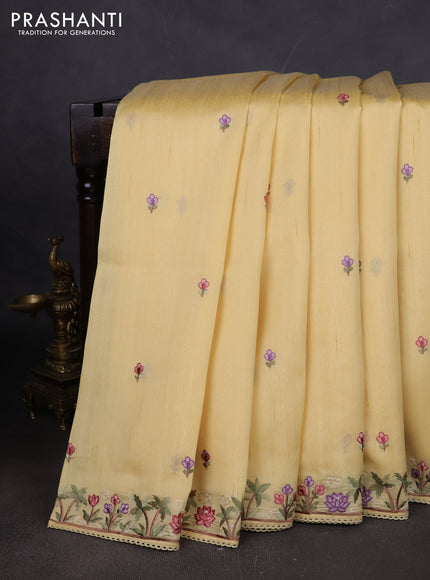Art tussar saree pale yellow with embroidery work and floral embroidery border