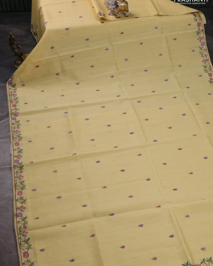 Art tussar saree pale yellow with embroidery work and floral embroidery border