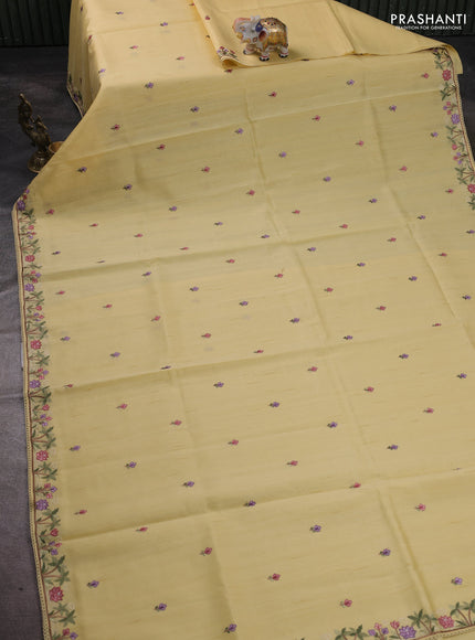 Art tussar saree pale yellow with embroidery work and floral embroidery border