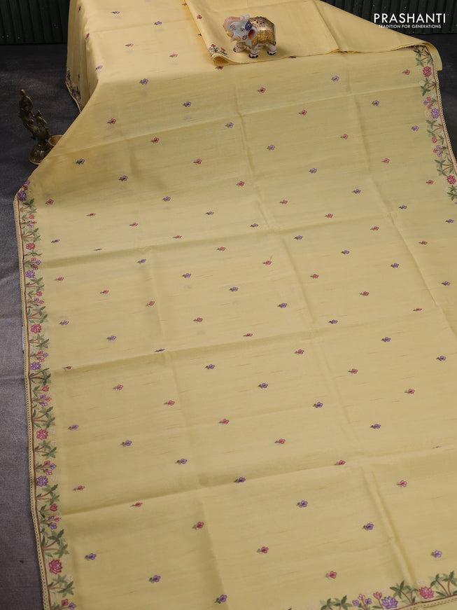 Art tussar saree pale yellow with embroidery work and floral embroidery border