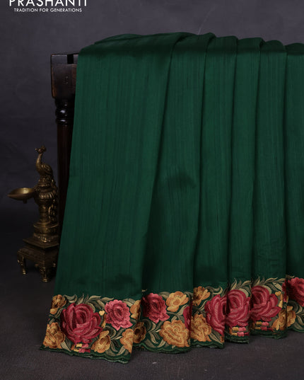 Art tussar saree green with plain body and floral embroidery border