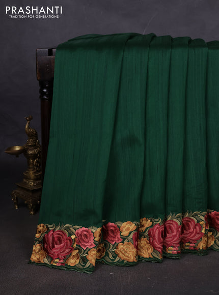 Art tussar saree green with plain body and floral embroidery border