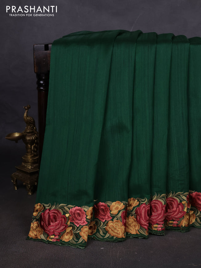 Art tussar saree green with plain body and floral embroidery border