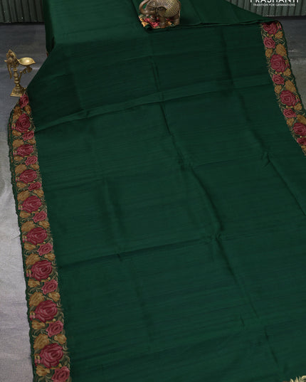 Art tussar saree green with plain body and floral embroidery border