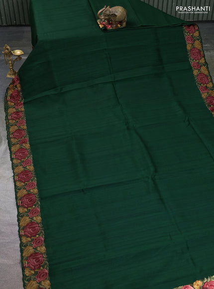 Art tussar saree green with plain body and floral embroidery border