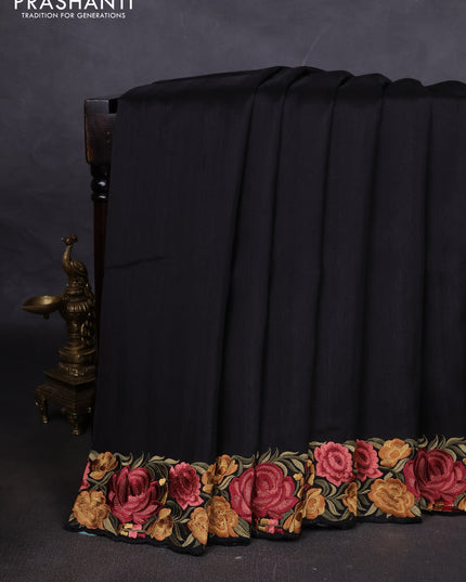 Art tussar saree black with plain body and floral embroidery border