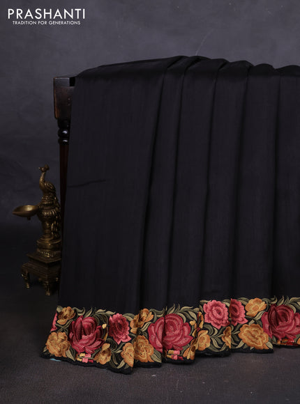 Art tussar saree black with plain body and floral embroidery border