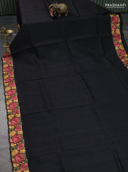 Art tussar saree black with plain body and floral embroidery border
