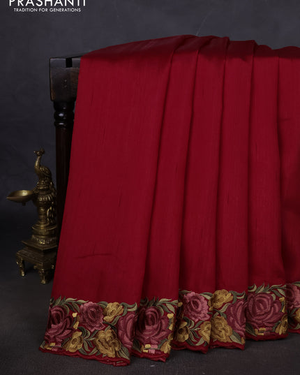 Art tussar saree maroon with plain body and floral embroidery border