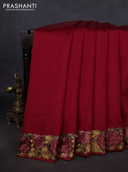Art tussar saree maroon with plain body and floral embroidery border