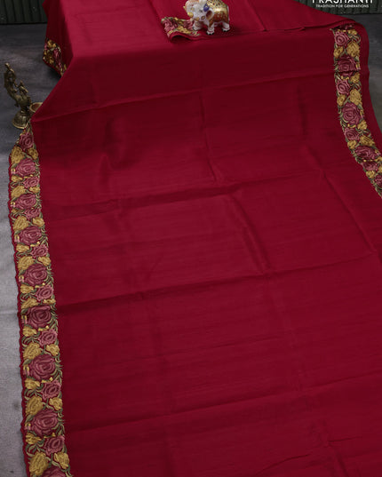 Art tussar saree maroon with plain body and floral embroidery border