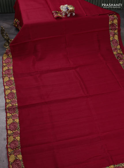 Art tussar saree maroon with plain body and floral embroidery border