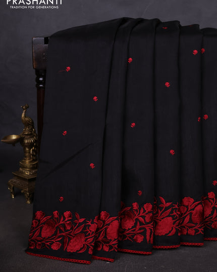 Art tussar saree black and maroon with embroidery work and floral embroidery border