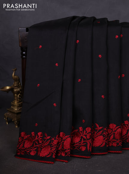 Art tussar saree black and maroon with embroidery work and floral embroidery border