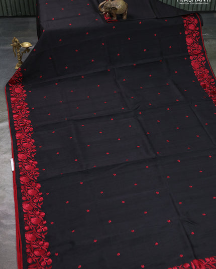 Art tussar saree black and maroon with embroidery work and floral embroidery border