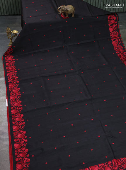 Art tussar saree black and maroon with embroidery work and floral embroidery border