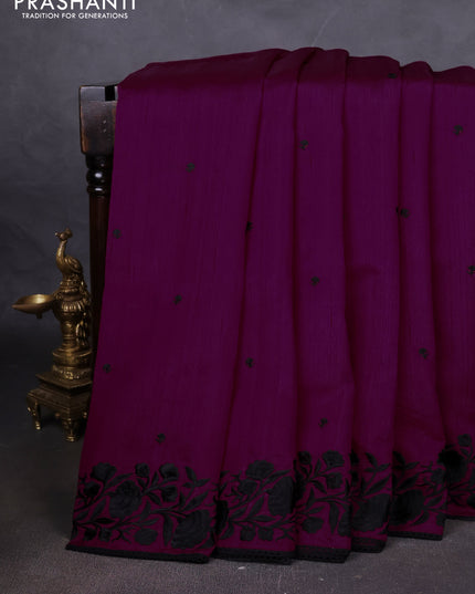 Art tussar saree purple and black with embroidery work and floral embroidery border