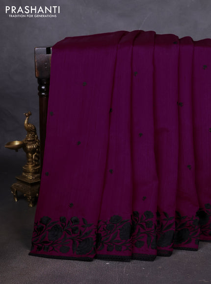 Art tussar saree purple and black with embroidery work and floral embroidery border