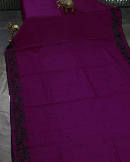 Art tussar saree purple and black with embroidery work and floral embroidery border