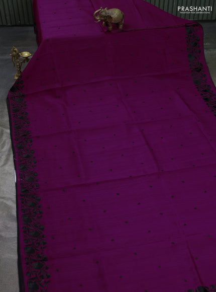 Art tussar saree purple and black with embroidery work and floral embroidery border