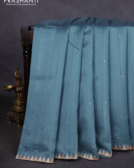 Art tussar saree blue with embroidery work and embroidery work border