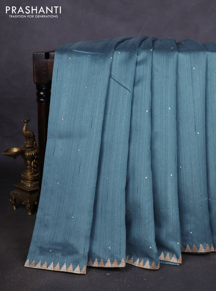 Art tussar saree blue with embroidery work and embroidery work border