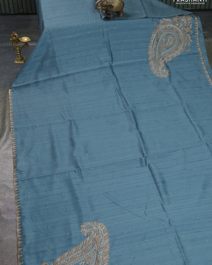 Art tussar saree blue with embroidery work and embroidery work border