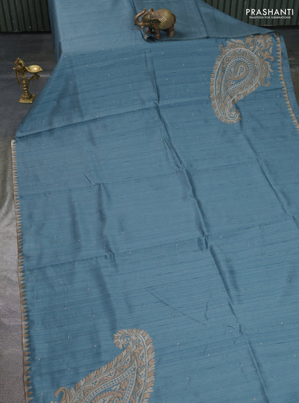 Art tussar saree blue with embroidery work and embroidery work border