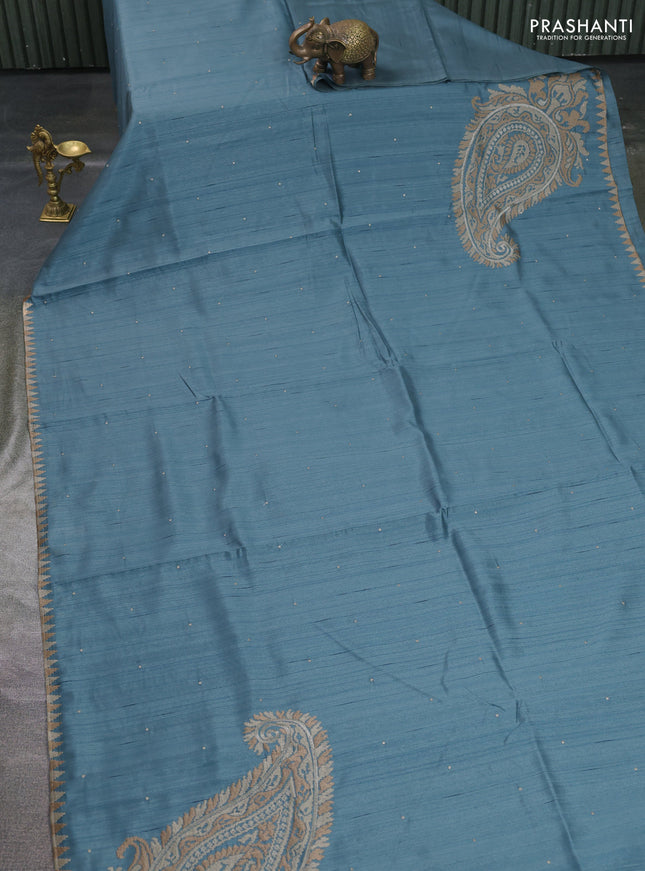 Art tussar saree blue with embroidery work and embroidery work border