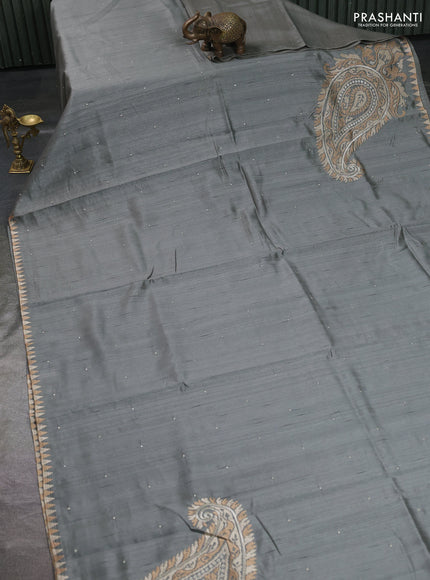Art tussar saree grey with embroidery work and embroidery work border