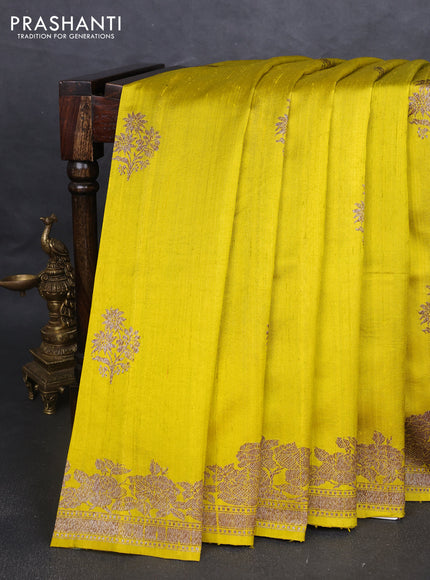 Banarasi raw silk saree lime yellow with thread & zari woven buttas and woven border