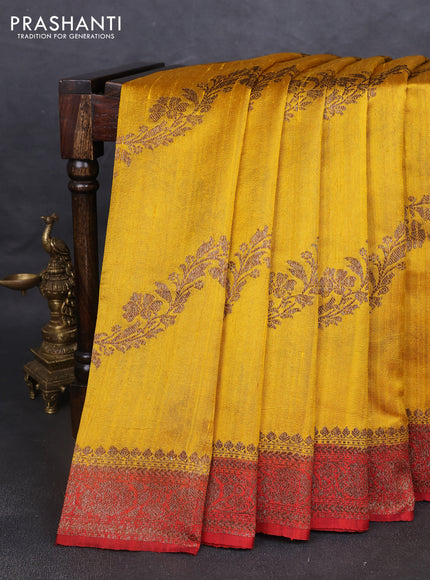 Banarasi raw silk saree yellow and maroon with allover thread & zari weaves and woven border