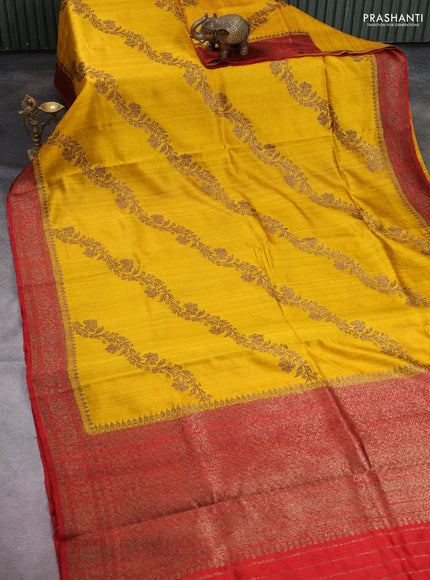 Banarasi raw silk saree yellow and maroon with allover thread & zari weaves and woven border