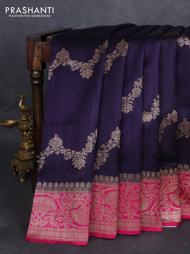 Banarasi raw silk saree deep jamun and pink with allover thread & zari weaves and woven border